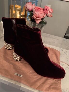 Miu Miu Deep Burgundy Velvet Pearl-Embellished Heel Ankle Boots NEW